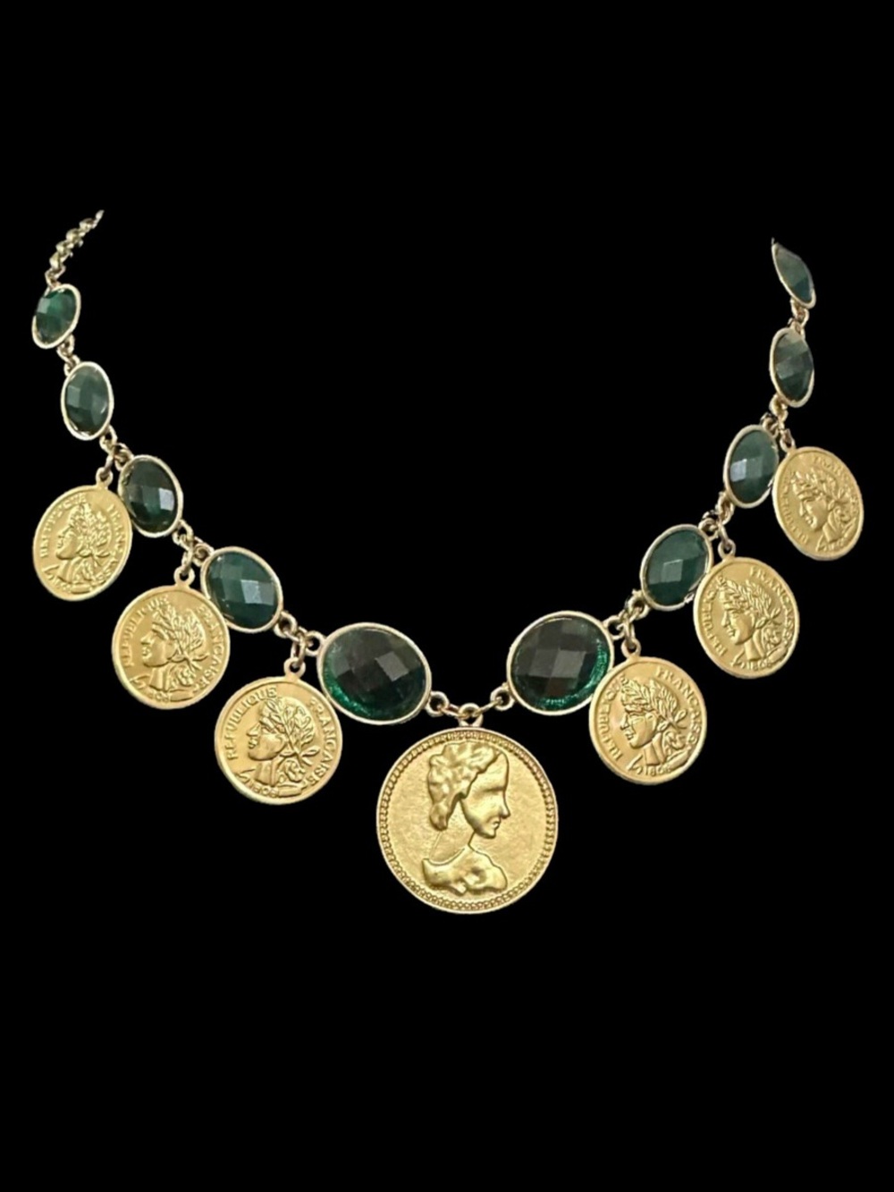 Gold Coin and Emerald Drop Statement Necklace - Women's Jewelry